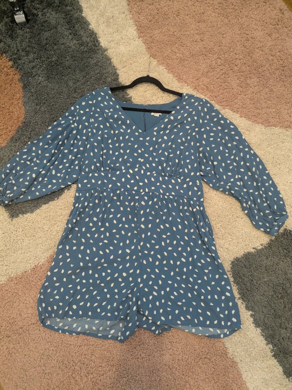 LOFT Petite Blue Printed Romper Size 16P V-Neck 3/4 Sleeve